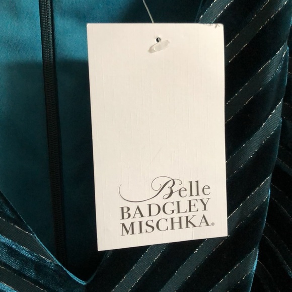 Badgley Mischka Striped Teal Velvet Gown 4 NWT - Picture 7 of 13